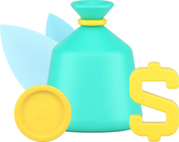 Financial independence with sack of money golden coin and dollar symbol 3d icon png