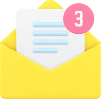 entrada três mensagem aberto papel amarelo envelope com carta digital alerta lembrete 3d ícone png