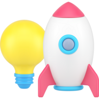 Startup business innovation idea launching spaceship illuminated light bulb 3d icon png