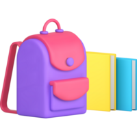 Educational backpack with paper books stack back to school knowledge learning 3d icon png