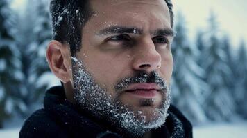 A ruggedlooking man in his 30s stares into the distance his stubble covered in frost and his eyes full of determination. Behind him a forest of snowcovered trees creates an. video