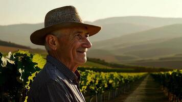 An older man with a kind smile and a wellworn hat stands in front of a peaceful vineyard landscape. The distant mountains and rolling hills add depth to the photo while the rows of. video