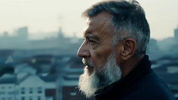 As the wind blows it reveals the profile of a middleaged man with a salt and pepper beard looking off into the distance at the urban rooftops and skyscrapers surrounding him. His. video