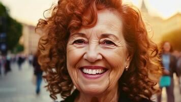 A middleaged woman with curly red hair stands in a city square her warm smile contrasting beautifully with the chaotic backdrop of the busy city streets.. video