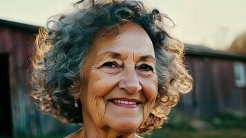 A middleaged woman with curly grey hair stands in front of a rustic barn her serene expression hinting at a lifetime of wisdom and experience.. video