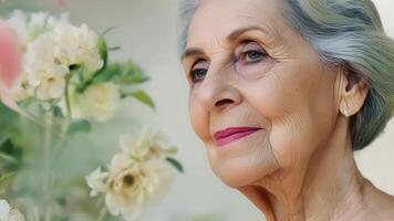 This closeup portrait showcases an older woman with graceful features standing in front of a serene and tranquil botanical display. The soft pastel colors of the plants add a touch. video