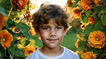 A young boy with curly hair and bright eyes poses in front of a mesmerizing botanical display in this closeup portrait. The intricate patterns and colors of the plants add depth. video