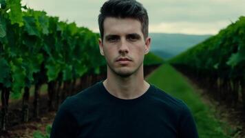 A young man with a determined expression stands in front of lush green vines in a vineyard. The neatly lined rows and symmetrical patterns create a sense of structure and balance. video