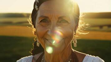 The camera captures a closeup of a Native American womans face her traditional dress blending beautifully with the rustic backdrop of a barn and surrounding fields.. video