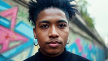 A person of Asian descent with a nose ring and under hairstyle stands confidently in front of a graffiti wall depicting fusion of Eastern and Western art styles.. video