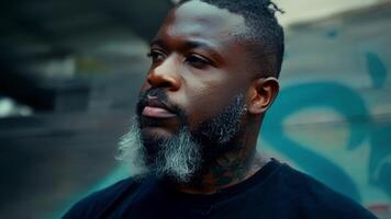 A man with a beard and tattoos his features accentuated by the spray paint of a bold graffitistyle mural in the background.. video