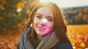 A young woman with auburn hair and a cozy scarf wrapped around her stands a fallen leaves the autumn colors enhancing the warmth and vibrance of the portrait.. video