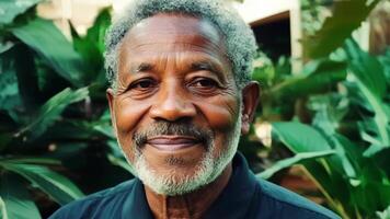 In this portrait an older man of African descent stands in front of a lush and tropical botanical display. The vibrant colors and textures of the plants create a dynamic backdrop. video