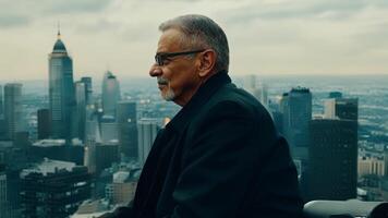 The camera zooms in on an elderly man sitting in a wheelchair on a rooftop the cityscape behind him. Despite his age and physical limitations his face is full of determination and. video