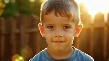 The warm afternoon sun shines on the freckled face of a young boy whose rosy and curious expression stand out against the rustic wooden fence in the background.. video