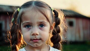 A young girl with freckles and braided pigtails stands in front of a dilapidated barn her bright blue eyes gazing directly into the camera with a sense of wonder.. video