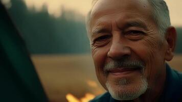 The camera zooms in on the serene face of an older man his deep wrinkles telling tales of years spent camping and enjoying the great outdoors. A simple tent and campfire serve as. video