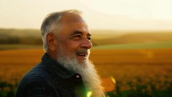 An older man with a gray beard stands tall against the backdrop of sprawling farmland a sense of pride and contentment in his expression.. video
