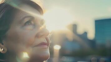 The camera focuses on the wrinkled face of an older woman looking at the city reflections her expression a mix of nostalgia and awe.. video