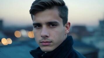 A young man in his early 20s stands on a rooftop his face focused and determined. The urban background behind him adds a sense of hustle and bustle emphasizing the individuals. video