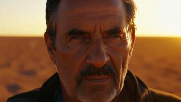 A middleaged man with a weathered face and piercing blue eyes stands alone in the vast barren desert his strong profile highlighted by the setting sun.. video
