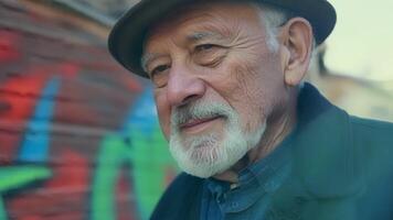 A elderly man in a fedora hat poses in front of a wall displaying a blend of graffiti and street art his wise eyes mirroring the thoughtful expression of the art.. video