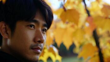 A young man of Asian descent with a serious expression stands against a backdrop of golden leaves the colors complementing his deep brown eyes.. video