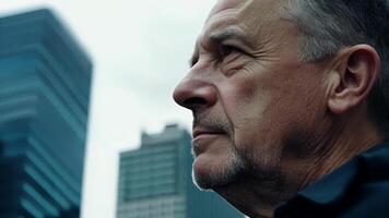 The camera focuses on a man in his 40s his face reflecting the harsh lines and shadows of the city buildings behind him. His serious expression conveys a sense of urban experience. video
