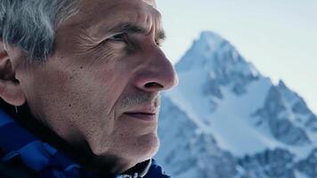 A man in his fifties looks focused and determined his weathered face a testament to his years of skiing experience. In the background a snowy mountain peak looms behind him.. video