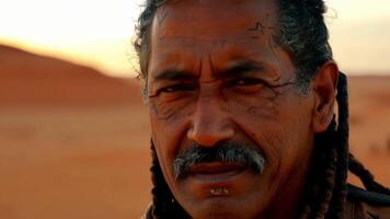 The camera focuses on the intense eyes of a Native American man his stoic expression a reflection of the rugged and unforgiving desert scenery behind him.. video