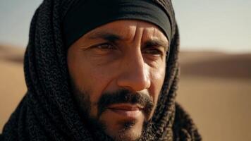 With a scarf wrapped around his head and a determined look in his eyes a Middle Eastern man stares out into the endless desert landscape his connection to the land evident in his. video