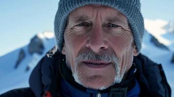 A seasoned skier possibly in his sixties gazes confidently at the camera with a steely determination in his eyes. The snowy peaks in the background seem to pale in comparison to. video