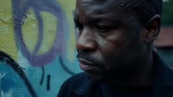 A middleaged man with a serious and contemplative expression his face partially obscured by the bold graphic lines of a graffiti mural.. video