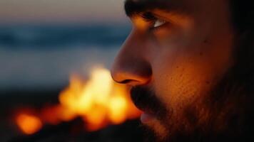 In the flickering light of a beach bonfire a young man with a thick beard and rugged features gazes off into the distance lost in thought. The warm glow of the fire creates a. video