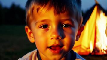 A young boy with a missing front tooth looks intently at the camera his face framed by the vibrant orange and yellow flames of a campfire. The colorful tent in the background adds. video