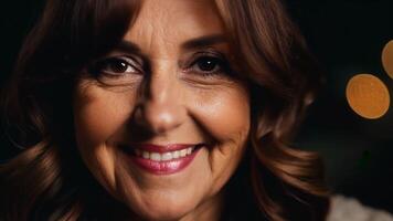 A middleaged woman with chestnut brown hair and a kind smile holds a sparkler in front of her face the bursts of light in the background creating an enchanting holiday atmosphere.. video
