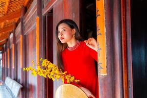 Vietnamese girl with Ao Dai dress standing in traditional house of Vietnam. Text in photo mean best wishes to family, happiness, prosperity, health. Tet holiday and New Year.