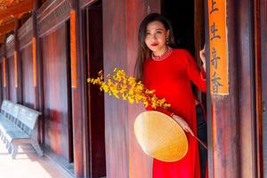 Vietnamese girl with Ao Dai dress standing in traditional house of Vietnam. Text in photo mean best wishes to family, happiness, prosperity, health. Tet holiday and New Year.