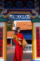 Vietnamese girl with Ao Dai dress standing in traditional house of Vietnam. Text in photo mean best wishes to family, happiness, prosperity, health. Tet holiday and New Year.