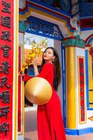 Vietnamese girl with Ao Dai dress standing in traditional house of Vietnam. Text in photo mean best wishes to family, happiness, prosperity, health. Tet holiday and New Year.
