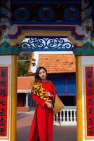 Vietnamese girl with Ao Dai dress standing in traditional house of Vietnam. Text in photo mean best wishes to family, happiness, prosperity, health. Tet holiday and New Year.