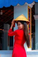 Vietnamese girl with Ao Dai dress standing in traditional house of Vietnam. Text in photo mean best wishes to family, happiness, prosperity, health. Tet holiday and New Year.
