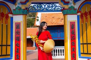Vietnamese girl with Ao Dai dress standing in traditional house of Vietnam. Text in photo mean best wishes to family, happiness, prosperity, health. Tet holiday and New Year.