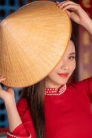 Vietnamese girl with Ao Dai dress standing in traditional house of Vietnam. Text in photo mean best wishes to family, happiness, prosperity, health. Tet holiday and New Year.