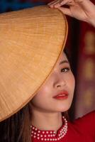 Vietnamese girl with Ao Dai dress standing in traditional house of Vietnam. Text in photo mean best wishes to family, happiness, prosperity, health. Tet holiday and New Year.