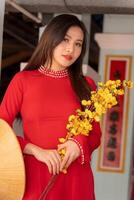 Vietnamese girl with Ao Dai dress standing in traditional house of Vietnam. Text in photo mean best wishes to family, happiness, prosperity, health. Tet holiday and New Year.