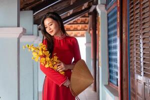 Vietnamese girl with Ao Dai dress standing in traditional house of Vietnam. Text in photo mean best wishes to family, happiness, prosperity, health. Tet holiday and New Year.