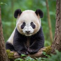 Adorable Baby Panda Clinging to a Tree photo