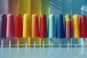 Popsicles in a row against a rainbow background photo