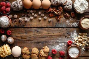 Rustic baking ingredients frame with space for text photo